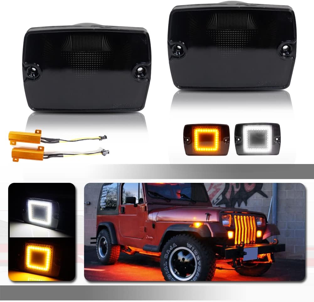 2 IN 1 Replacement 3D Optic LED White/Amber Led Smoked Lens Bumper Compatible With 1987-1995 Jeep Wrangler YJ Front Turn Signal Parking & Daytime running lights
