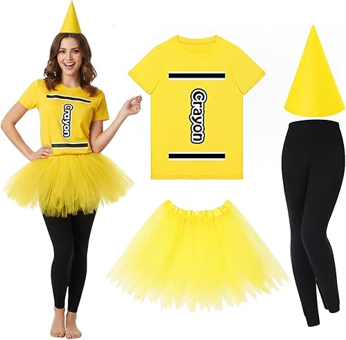 Mepase Conjunto de disfraz de crayón, camiseta de crayón, falda tutú, gnomo, sombrero de cono, leggings para mujeres profesoras