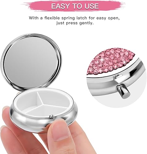 Miniatura 4 de Soleebee Pastillero de cristal brillante, organizador diario de píldoras portátil de 3 compartimentos, pequeño estuche de viaje para bolso o
