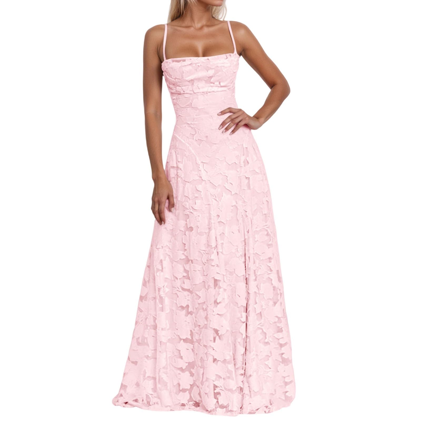 Robe de bal en jacquard pour femme - Élégante robe maxi à bretelles spaghetti - Robe de soirée longue à volants - Col carré