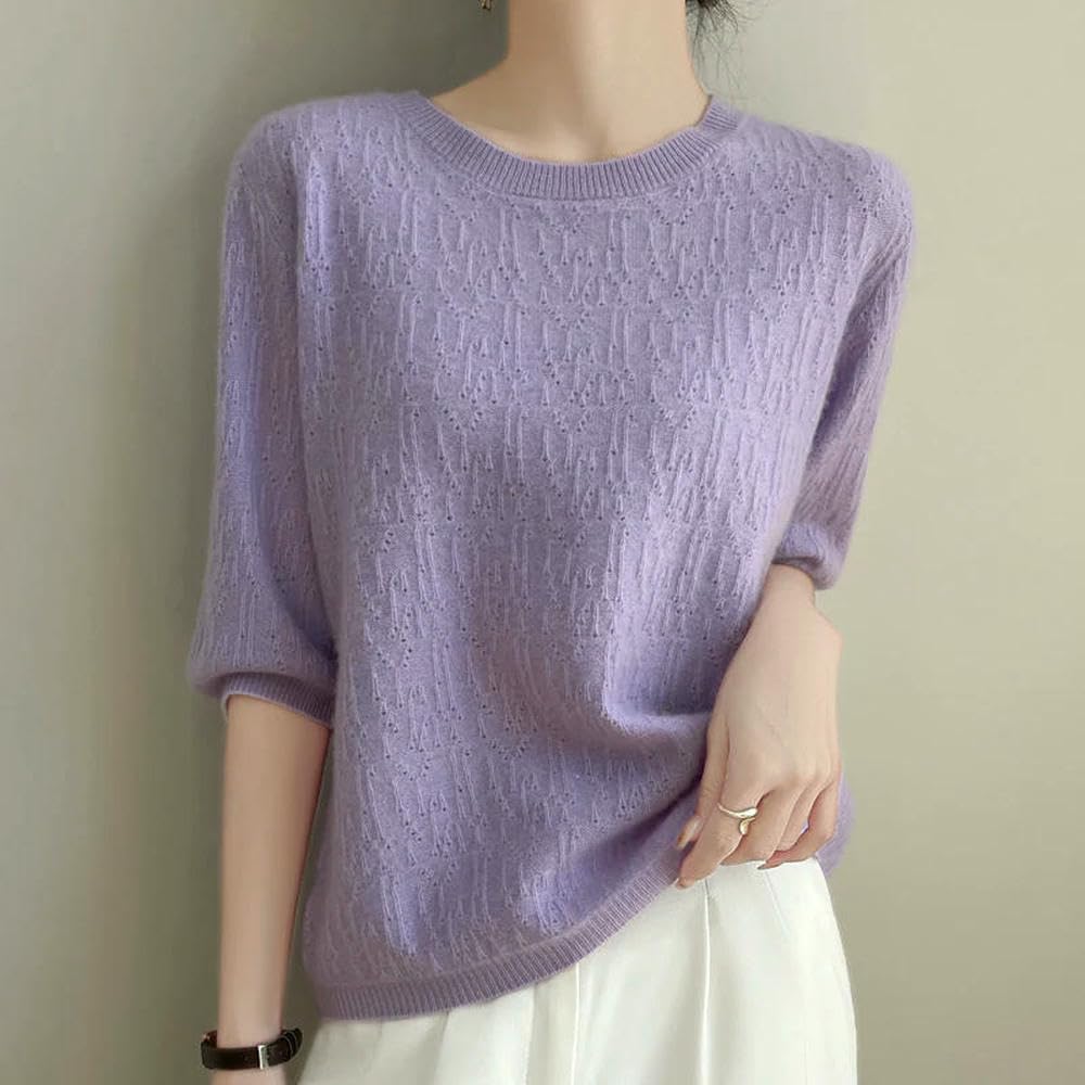 Magliette Primaverili da Donna, Maniche Corte lavorate a Maglia, Traforate, Top Estivi per Il Tempo Libero, Pullover con Scollo a V, Tinta Unita
