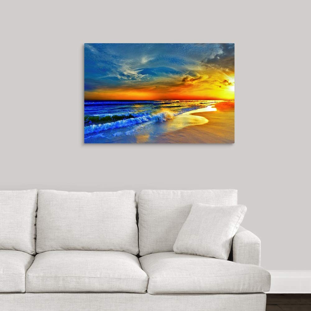 Amazon.com: GREATBIGCANVAS Red Orange Blue Sunset Beach Sea Waves