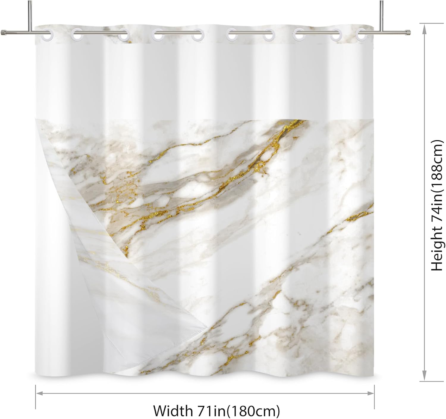 No Hook Shower Curtain,Gold White Marble Double-Layered Shower Curtain with Snap-in Liner and Weights,Fabric Bath Curtain with See Through Mesh, 71x74in