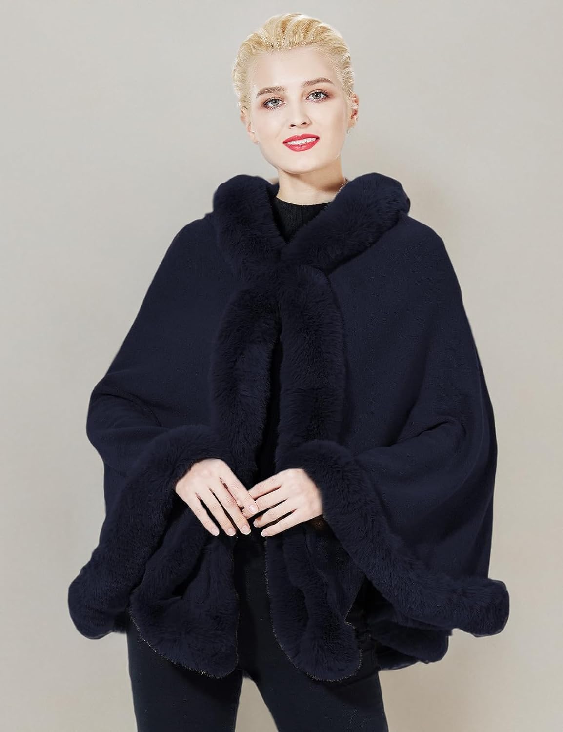 Poncho Hooded Shawl Wrap Women Cape Winter Faux Fur Trim Coat Sleeveless Cardigan Dressy Cloak for Party - Image 6