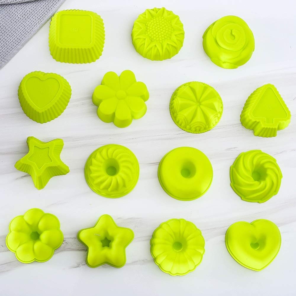 Moldes para Hornear 15pcs de silicona for hornear la torta taza DIY moldes antiadherentes for Bandejas mollete Copa para La Cocina(Verde)