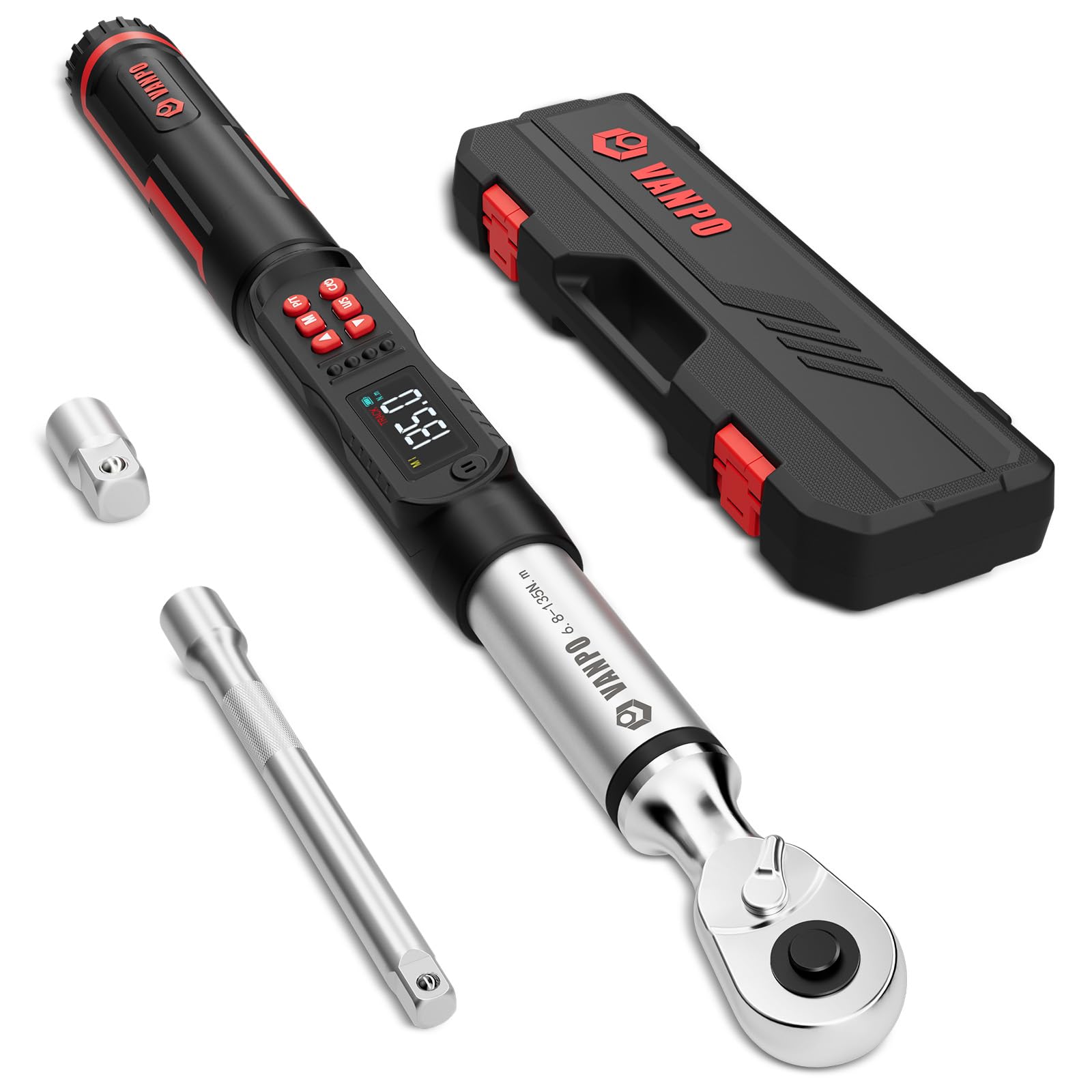 VANPO 3/8-Inch Digital Torque Wrench, ±2% Accuracy, 6.8-135 Nm Electronic Torque Wrench for Car & Motorcycle Maintenance with LCD Display, Audible & Vibration Alert, Track & Peak Mode, 4 Unit — image 1