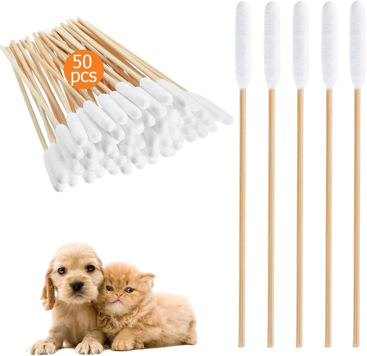 Ormromra 50pcs Dogs Ear Cleaning Swabs, 6 Inch Large Cotton Buds Animal