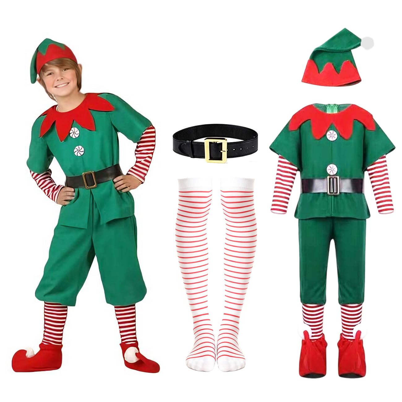 WFKKMEQ Christmas Elf Costume Set, 4 Piece Green Xmas Elf Outfit, Santa's Helper Outfit, Christmas Fancy Dress