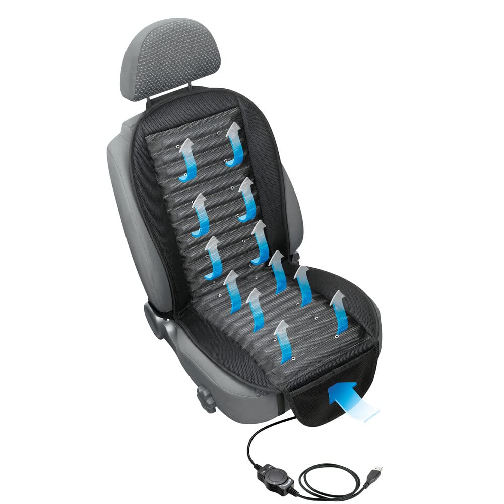 Lampa 54490 Air-Jet Active, Schienale ventilato Auto, coprisedile Auto con Ventilazione, coprisedile rinfrescante per Schienale Auto Camion Ufficio con Flusso Aria Regolabile, Presa USB