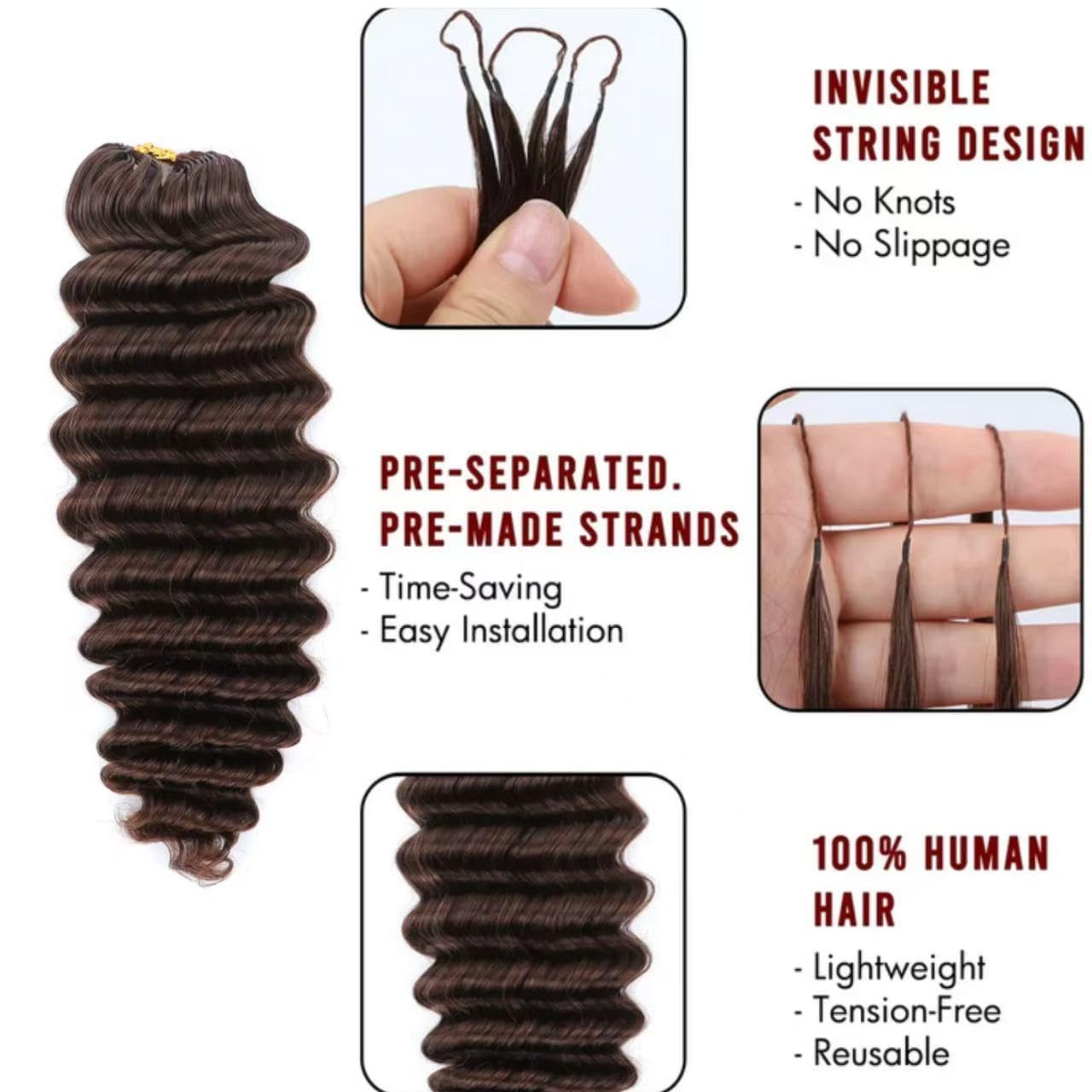 Extension di capelli umani all'uncinetto, con piume, 71 cm, 60 g, 40 ciocche, colore castano cioccolato, morbidi, leggeri, ondulati profondi, capelli umani all'uncinetto