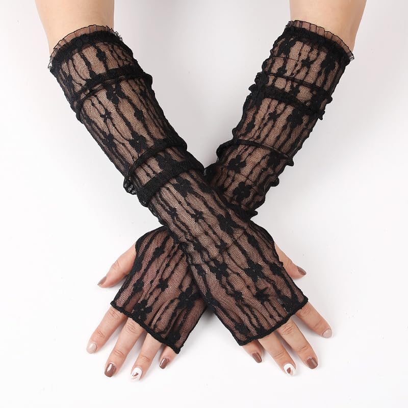 Womens Long Sun Lace Gloves for Wedding Bridal Party Evening Summer Driving Gloves Sheer3