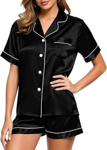 Women's Imitation Silk Pyjama Set Short Sleeve Satin Pyjamas for Women Two Piece Pj set Ladies Bride Pjs Button Down Sleepwear Loungewear