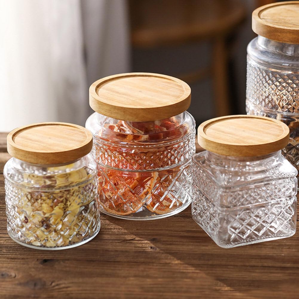 Confezione da 3 barattoli grandi in vetro, contenitori per alimenti e cereali, con coperchio ermetico in bambù, barattoli da cucina vintage per caramelle, snack, caffè, tè, cereali, 1,7 g,
