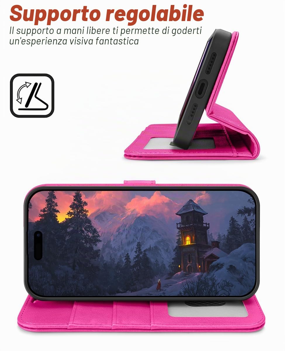 OCASE Custodia iPhone 16, Rosa Rosso, Pelle, Wallet con Slot per Schede, Cavalletto, Antiurto, Antiscivolo, Installazione Semplice, Compatibile con iPhone 16 (6.1 Pollici)