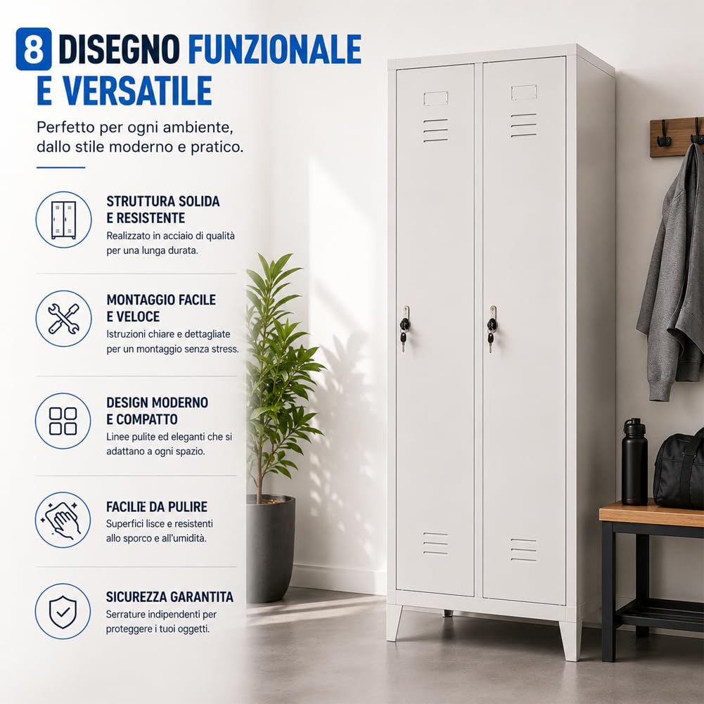 BAKAJI Armadio Metallo Spogliatoio 2 Ante con serratura 66x36x180H cm | Chiusura a Chiave, Grigio, Ripiano Superiore, Asta Appendiabiti, Salvaspazio Multiuso