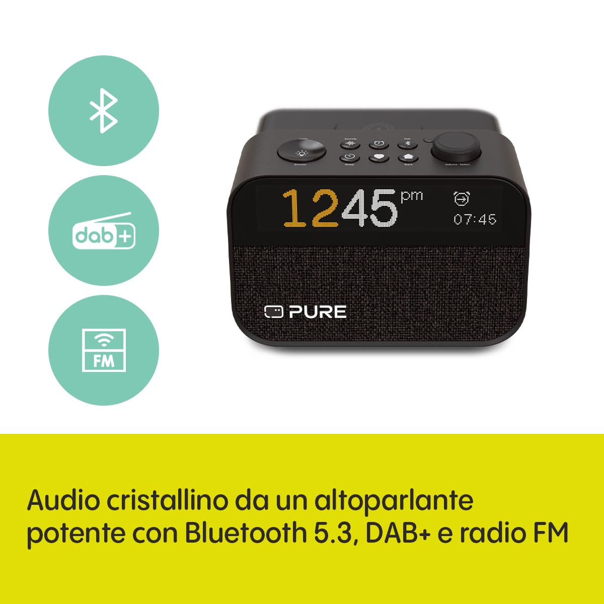 Pure Moment Charge – Radiosveglia con Wireless, DAB+/FM, Bluetooth, suoni naturali, Wake-up Light, Nero – Perfetto per camera da letto e ufficio