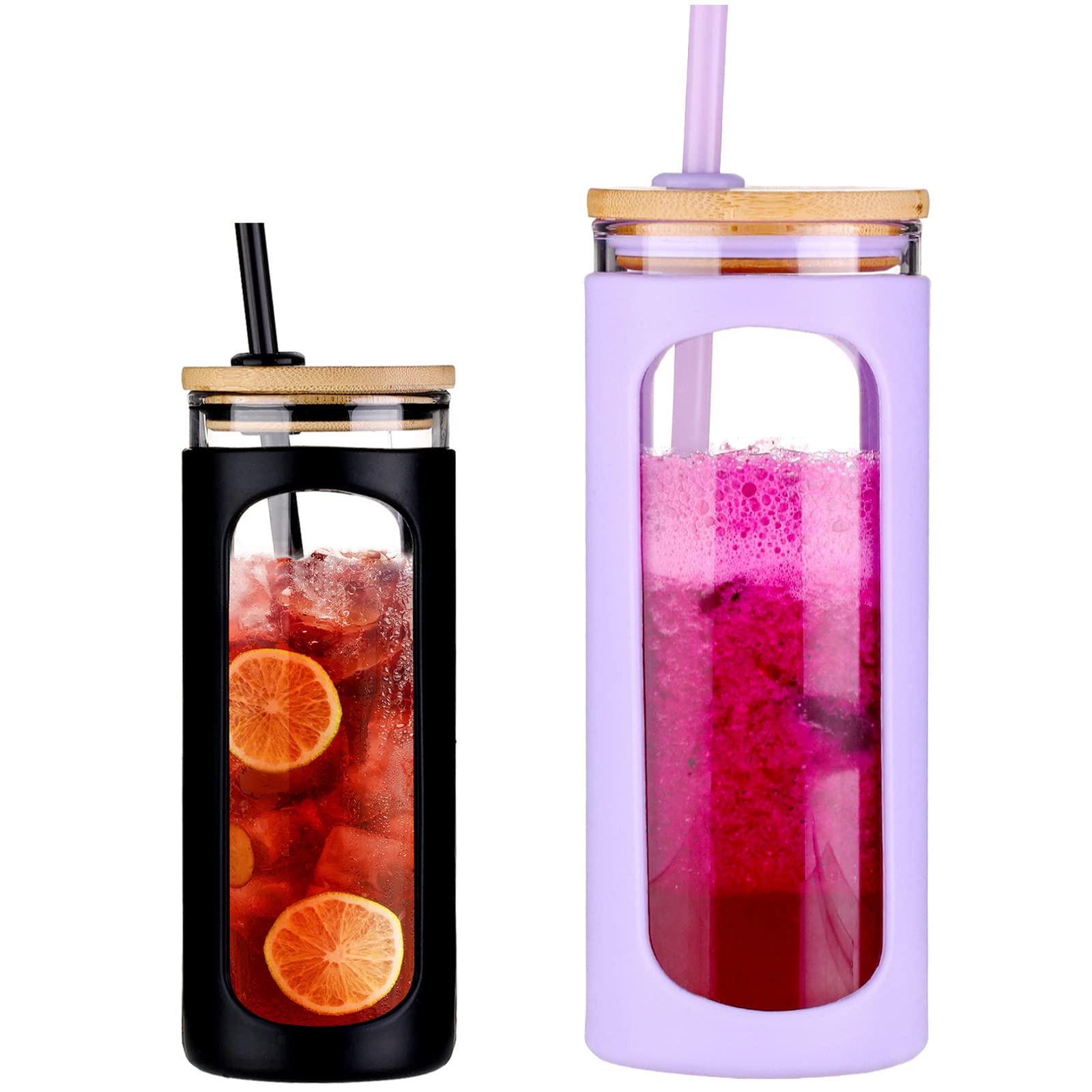 KodrineGlass Tumbler with Straw and Lid, 20oz Glass Coffee Tumbler with Bamboo Lid, Iced Coffee Cup Silicone Protective Sleeve BPA Free- Black & Purple