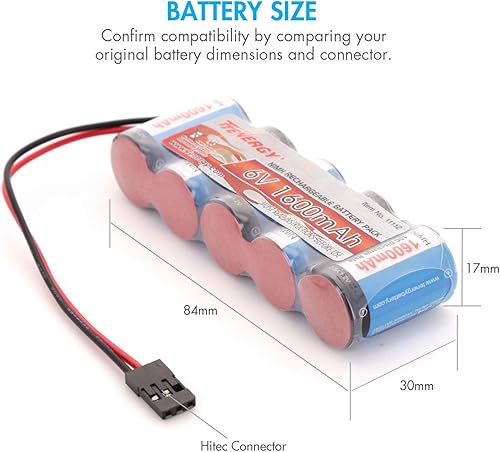 Miniatura 4 de Tenergy Paquete de 2 baterías receptoras, 6 V NiMH recargables RC con conector Hitec, 1600 mAh de alta capacidad lado a lado 5C Flat RX batería para