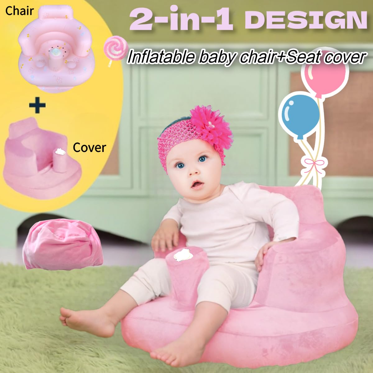 Baby Inflatable Seat for Babies 4-24 Months Built in Air Pump Infant Back Support Sofa Toddler Chair for Sitting Up Baby Shower Chair Outdoor Seat Floor Seater Gifts (Pink Flower + Cover) - Image 2