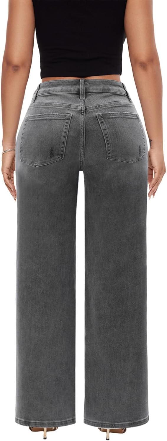 ONESO Mid-Low Rise Baggy Jeans Wide Leg for Women Distressed Pants Stretchy Bottom Lady Basic Comfortable Denim