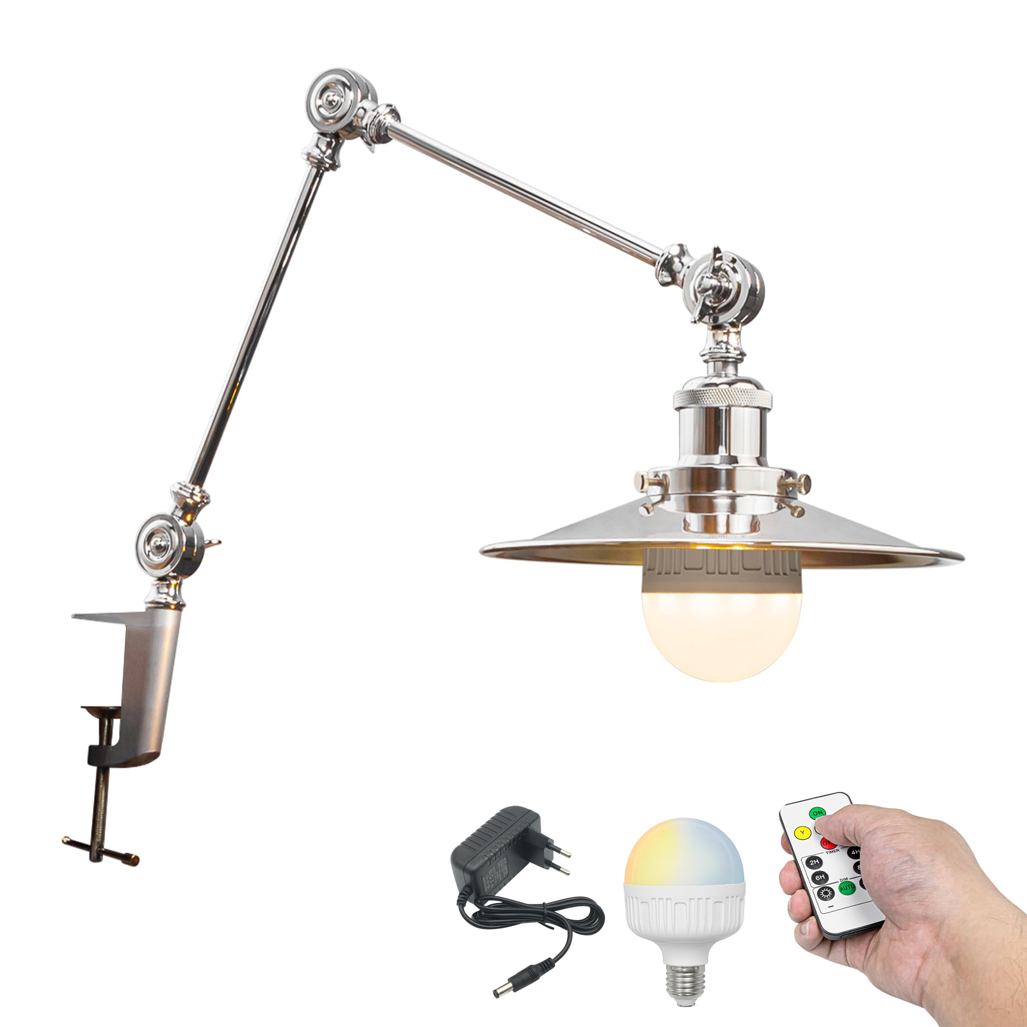 Wiederaufladbar Klemmleuchte mit Fernbedienung, Einstellbar Clip auf Schreibtisch Leselampe,Dimmbar Clamp Nachttischlampe mit Flexarm für Schreibtisch Nachttisch Regal- TB2773SL
