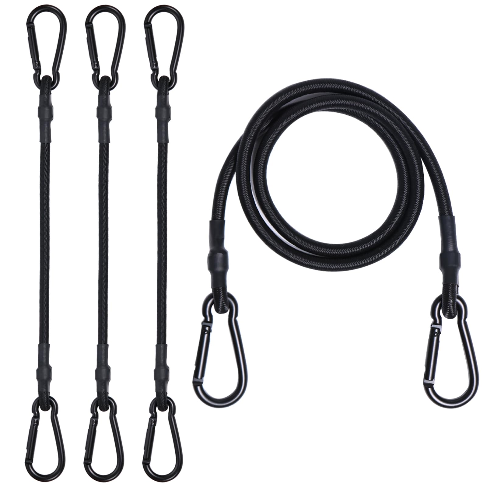 JunGG Bungee Cords with Carabiner Clips – 4 Pack 24 Inch Extra Strong Elastic Straps with Hooks, Heavy Duty Bungee Ropes for Camping, Bike Racks, Roof Racks, Tarps