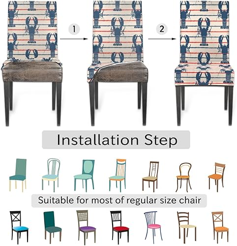 Miniatura 4 de Juego de 2 fundas para sillas de comedor retro con diseño de rayas estilo grunge de langosta, fundas elásticas para sillas Parson para fiestas,