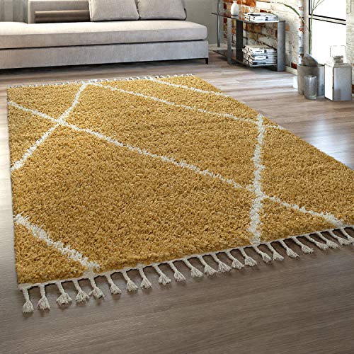 Paco Home Tapis Salon, Chambre/Poils Longs Shaggy Motifs Coloris Et Tailles Variés, Dimension:140x200 cm, Couleur:Jaune