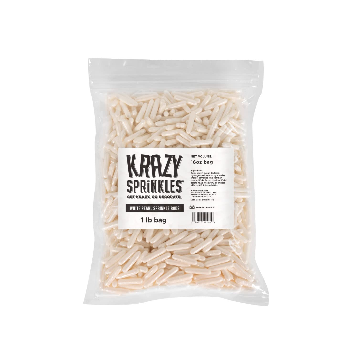 BAKELL® White Pearl Rods Krazy Sprinkles®, 1LB,1xBag for Cakes, Cake Pops, Brownies, Baking