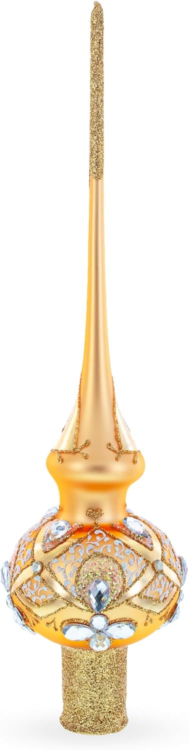 Dimensional Diamonds on Rose Gold Blown Glass Christmas Tree Topper 11 Inches