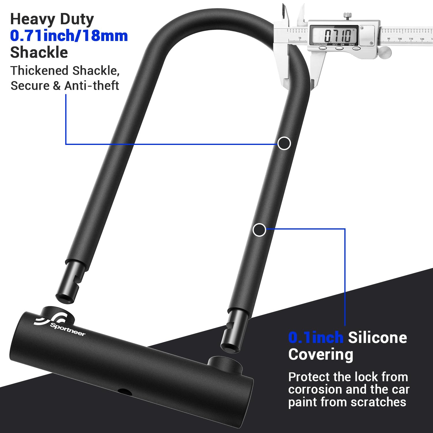 Sportneer Klucz rowerowy, 18mm mocny klucz rowerowy U Plus Size z 1,8M kablem stalowym o wysokiej bezpieczeństwie i regulowanym uchwytem montażowym i kluczem, antykradzieżowe zamki rowerowe dla