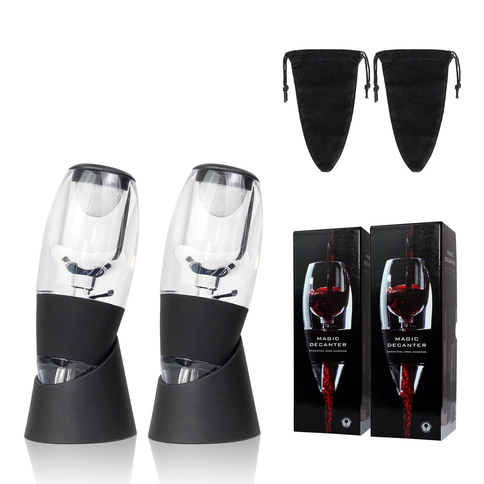 Todeco 2 Pièces Aérateur à Vin, Magic Décanteur à Vin avec Vin Filtre, Support Anti-​Gouttes, Pochette en Velours, Bec Verseur Aérateur de Vin pour les Amateurs de Vin