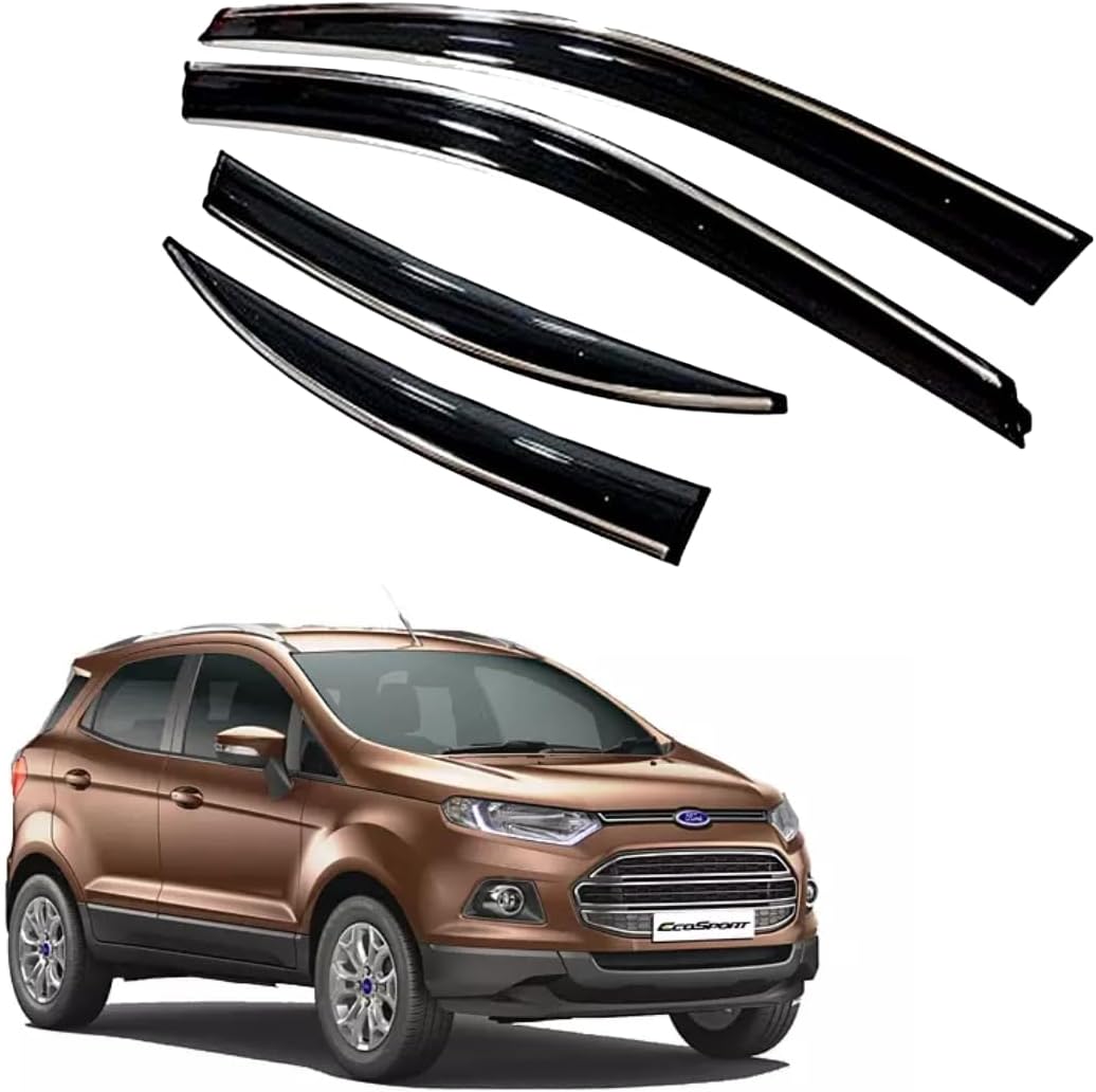 Premium Chromeline & Silverline Unbreakable Car Rear Window Wind Deflectors & Side Door Visor Rain Guard Compatible with (Ford Ecosport (2012-2016))