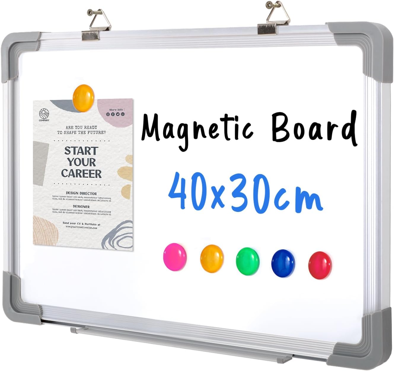 Swansea Magnetic Board for Wall, Whiteboard for Office School Home Bedroom, 6 Magnets, 40x30cm