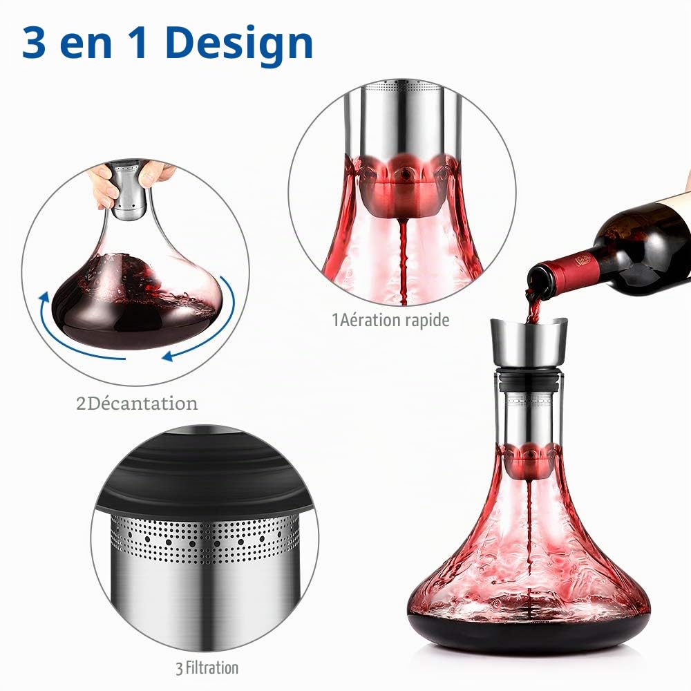 glastal Carafe à décanter en verre Cristal avec aérateur intégré Aération et filtrage, Verser sans couler 1800ml / 63.3oz (Full Capacité)