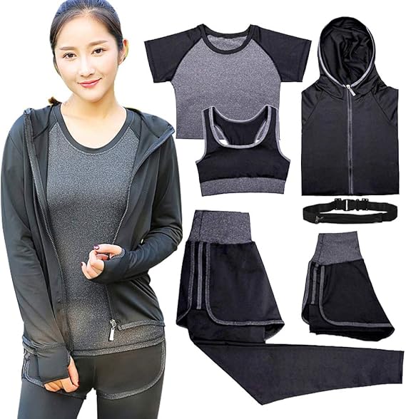 Amazon Hrf スポーツウェア レディース トレーニングウェア ヨガウェア ランニングウェア 上下 5点セット ウエストバッグ付き 150 S ブラック ジャージ上下セット 通販