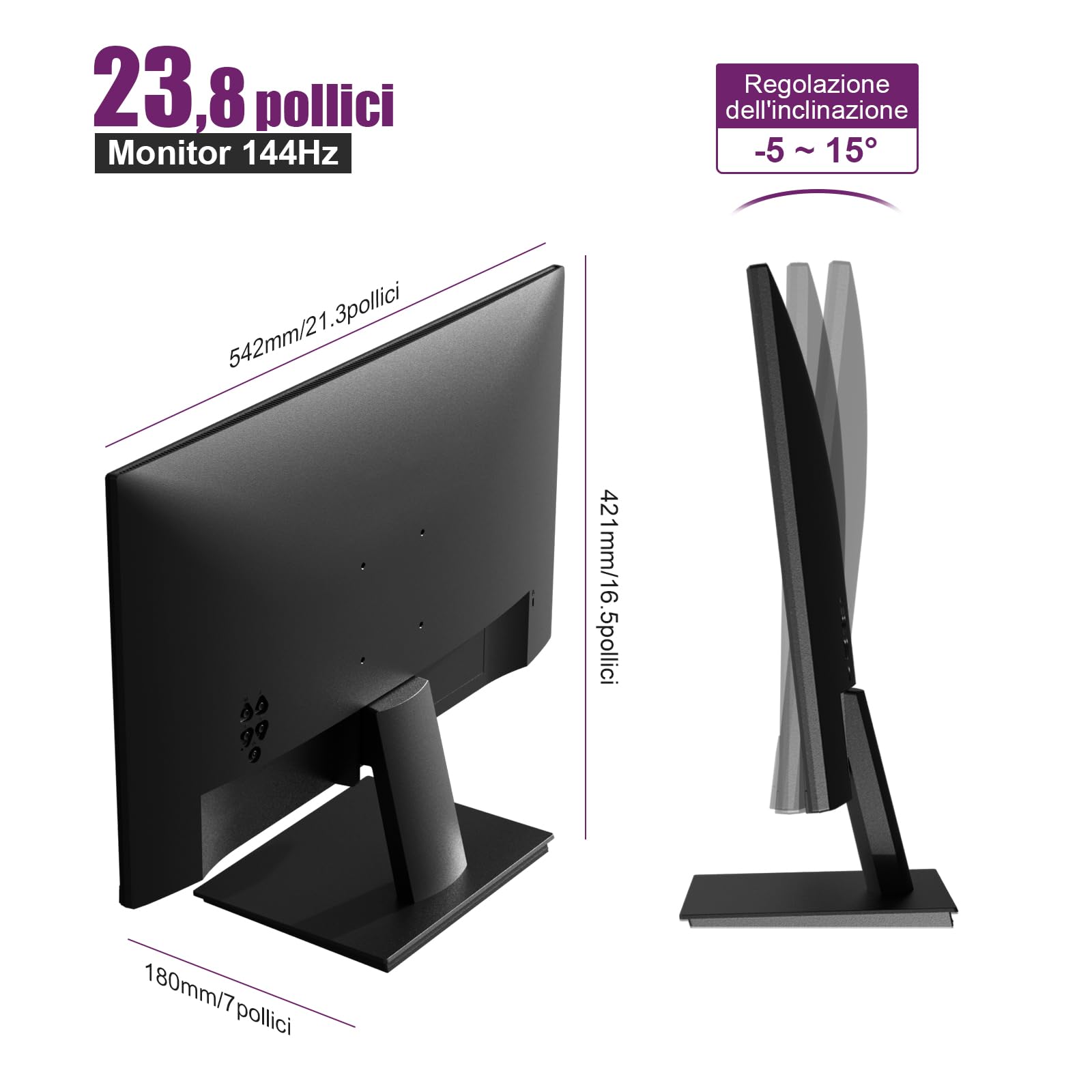 Monitor PC 24 Pulgadas, Computer Gaming Pantalla Ordenador 144Hz, Full HD, VESA 75x75mm, 6ms, VA, 99% sRGB, Luz Azul Baja, HDMI 2.0, DP1.2