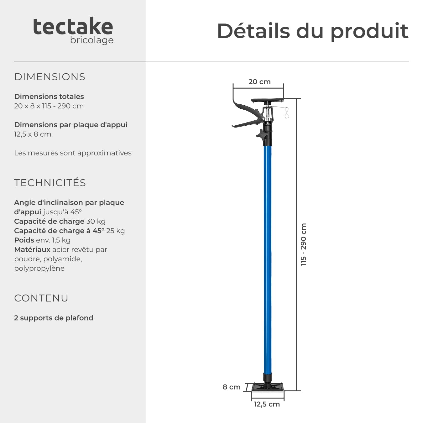 Tectake Lot de 2 Etais Télescopique Support Plafond, Réglable 115-290 cm, Charge Max 30 kg, Fixation Rapide, Bleu