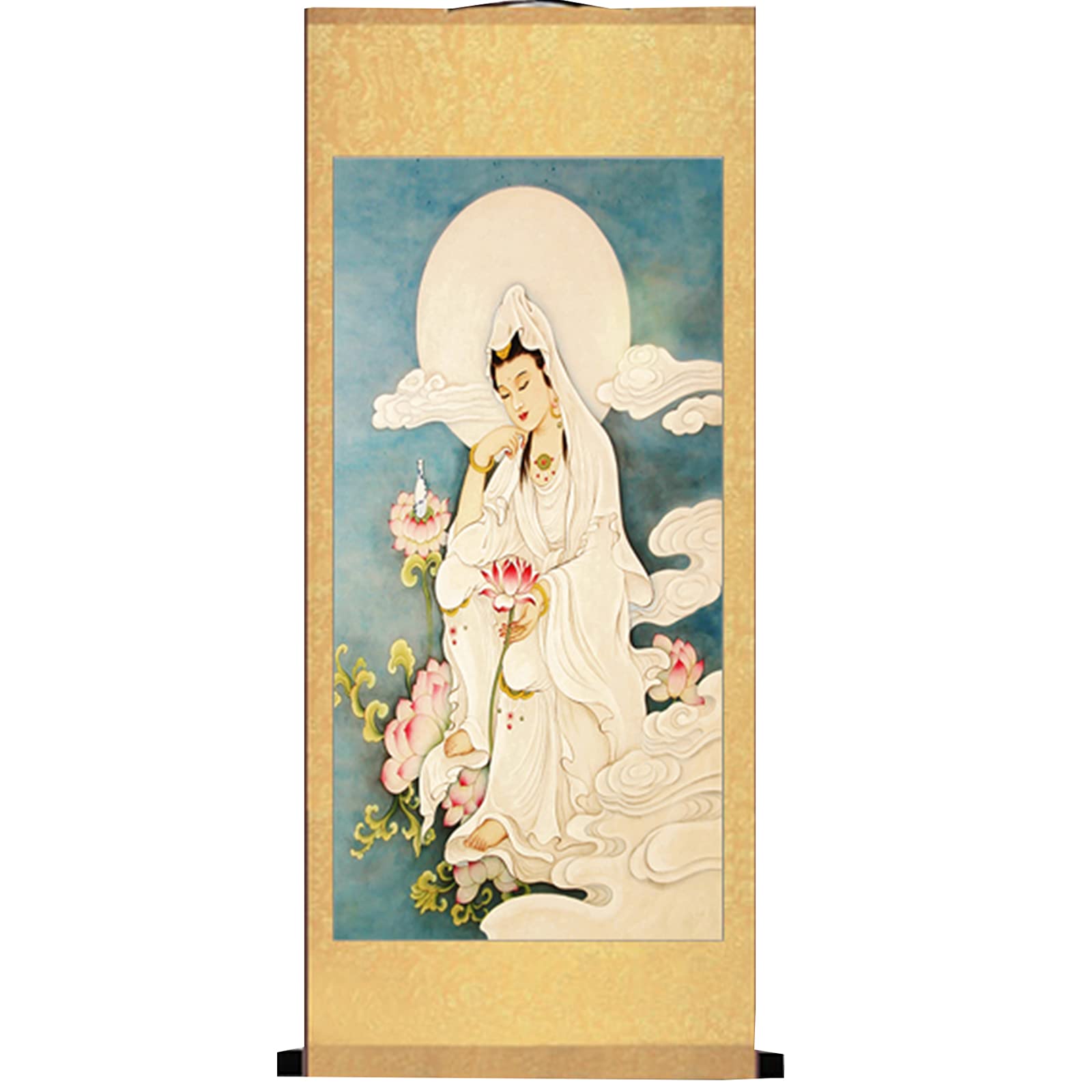 KEXYOAN Scroll Painting Feng Shui,Guan Yin/Kwan Yin/Quan Yin Chinese Wall Hanging Art,Good Luck Decorative Paintings Ornaments(White)