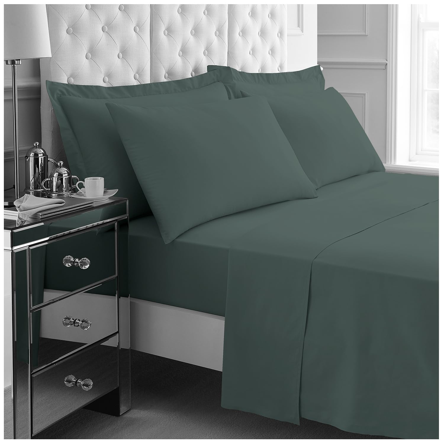 GC GAVENO CAVAILIA Kingsize Bed Sheet Set 4Pieces - 1x Fitted Sheet, 1x Flat Sheet & 2x Pillowcases 50x75 - Lightweight & Easy Care - Fitted Sheet Set Supersoft Polyester Bedding - Dark Green — image 1