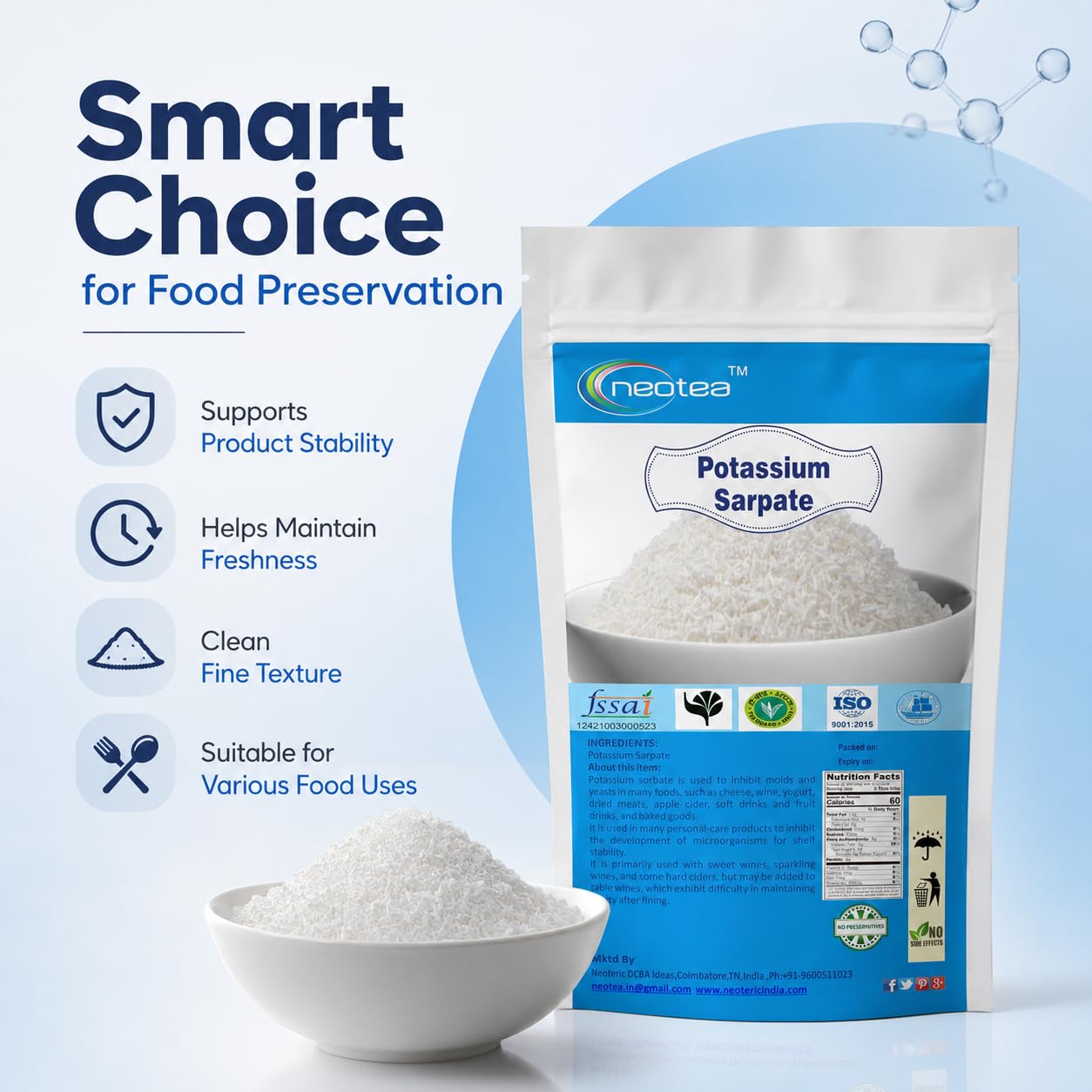 Neotea Potassium Sorbate Food Grade Preservative Powder | Helps Maintain Freshness in Food & Beverage Preparations | Multipurpose Ingredient for Baking, Beverages, Sauces & Homemade Recipes | 100% Pure | Resealable Pack 250 Gm — Amazon image 8