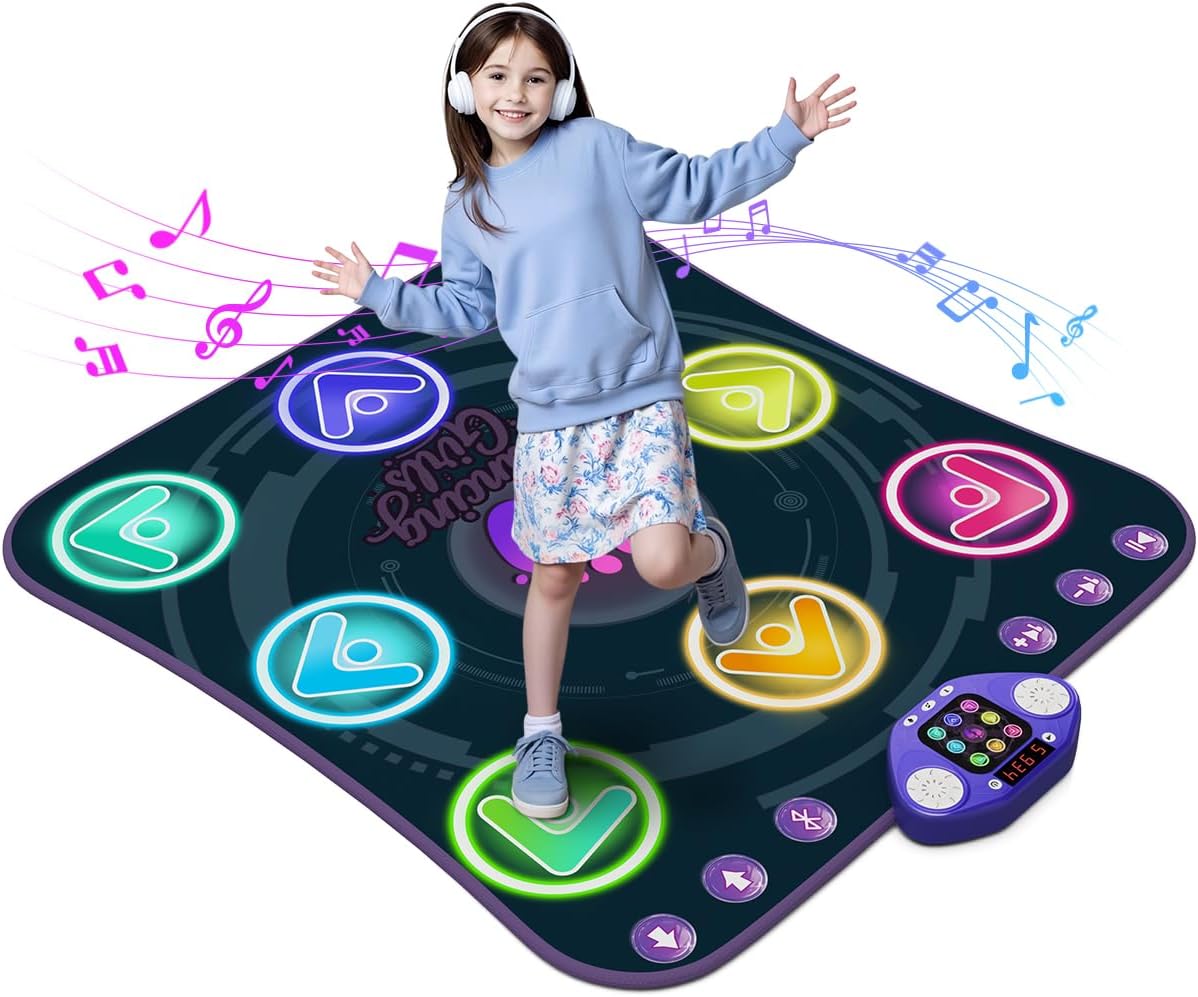 WAYKEE Dance Mat Toys for 3-12 Year Old Girls, Electronic Dance Pad with Light-up LED Wireless Bluetooth & 5 Game Modes, Christmas Birthday Toys Gifts for 3 4 5 6 7 8 9 10+ Year Old Girls