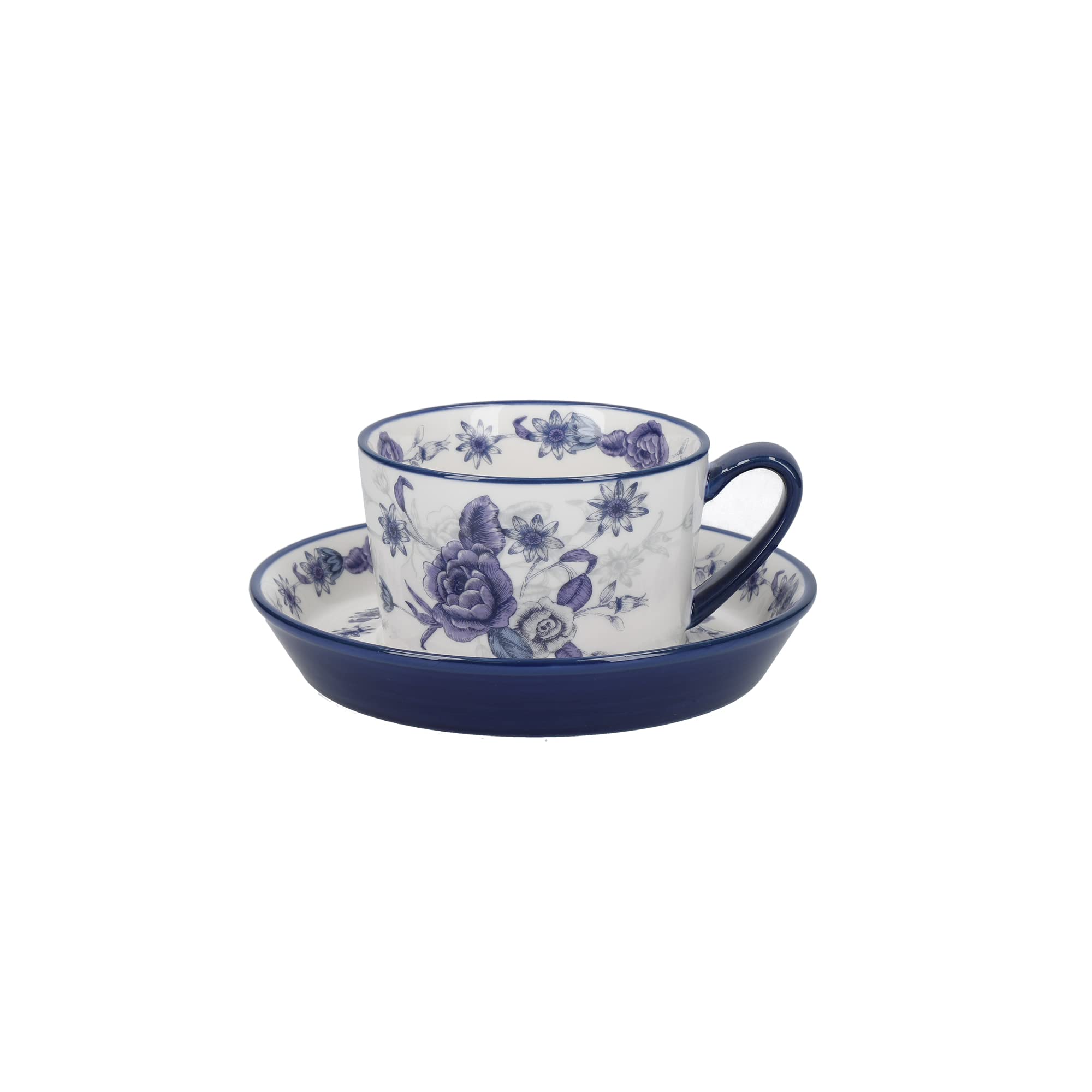 London Pottery Blue Rose Cup and Saucer Set, Ceramic, Almond Ivory/Blue