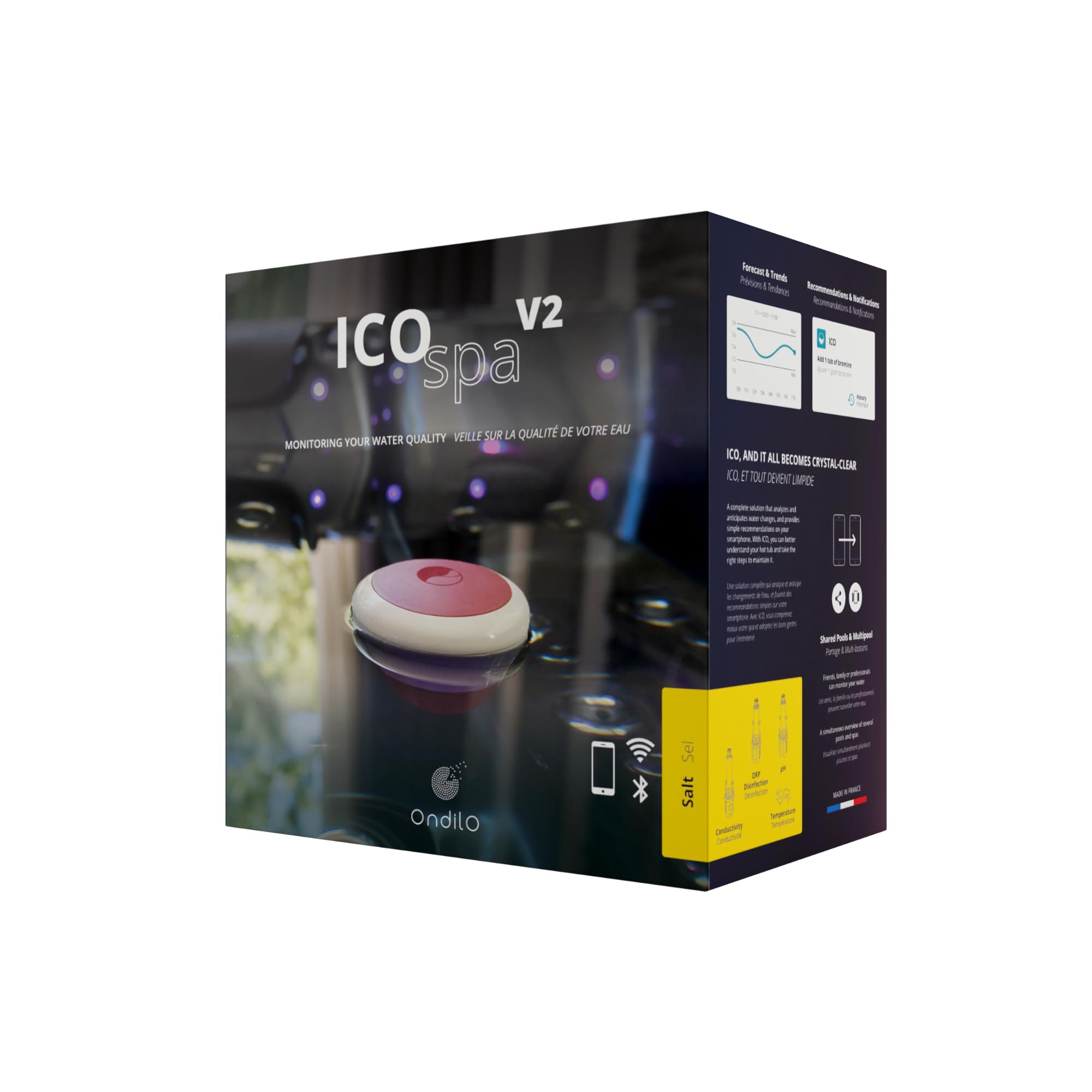 ICO SPA V2 Sel - Analizzatore d'acqua elettronico per piscine trattate con sale - Misurazioni ogni ora pH, ORP, TDS e temperatura dell'acqua - Consigli sul tuo smartphone