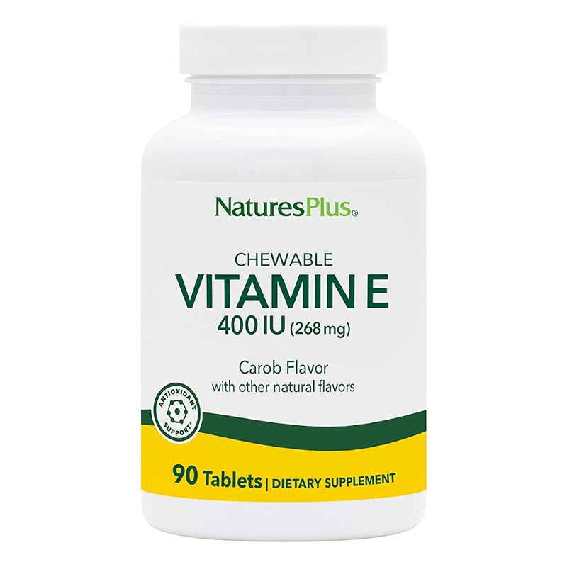 NaturesPlus Vitamina E em comprimidos mastigáveis, 400 UI, sabor de alfarroba, 90 comprimidos