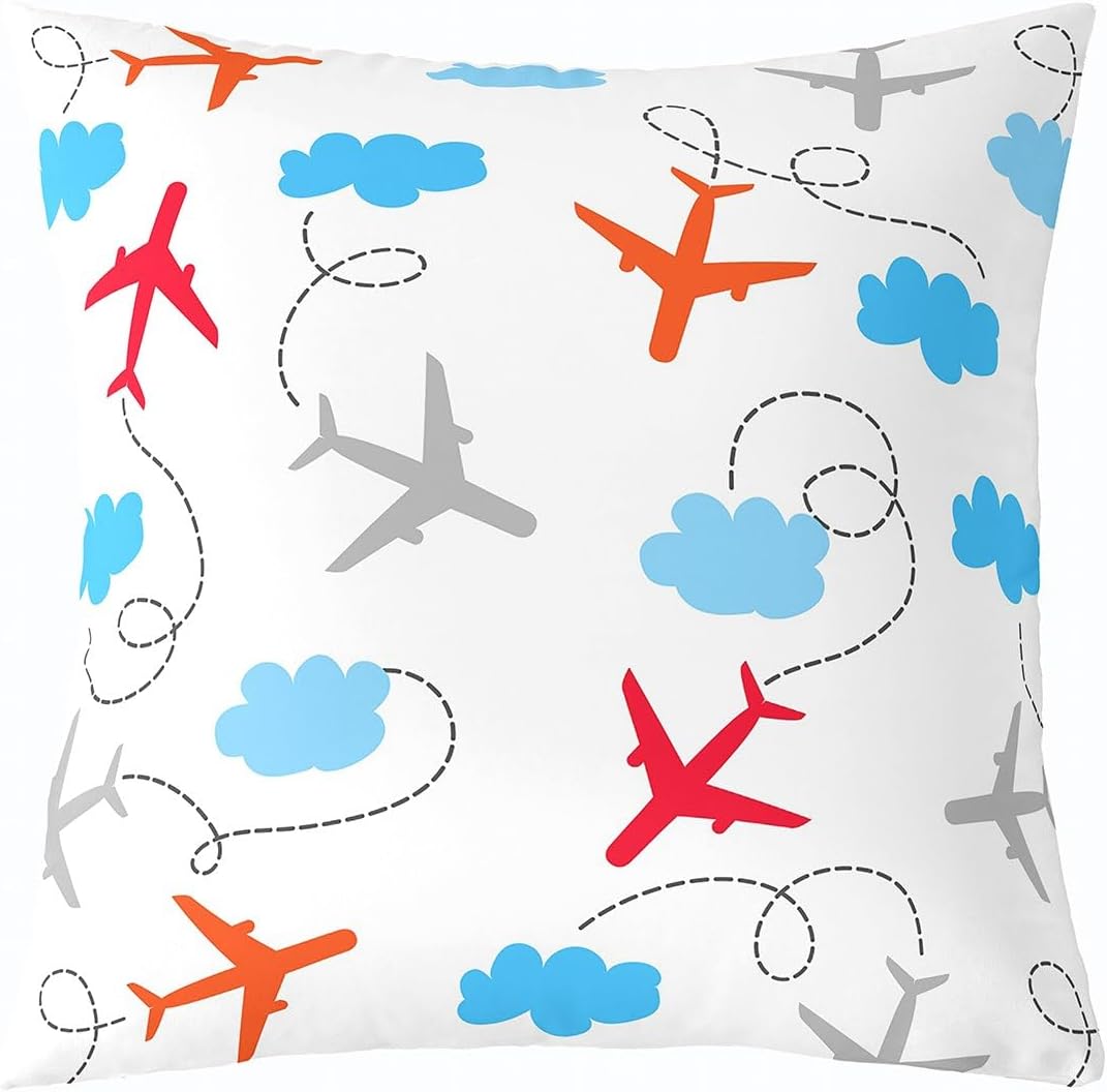 Pack of 4 Cartoon Airplane Throw Pillow Covers 16x16 Inch, Watercolor Aircraft Pillow Covers For Young, Blue Red Orange Sky Clouds Flying Plane Cushion Covers, Hand Drawn Abstract Cushion Cases