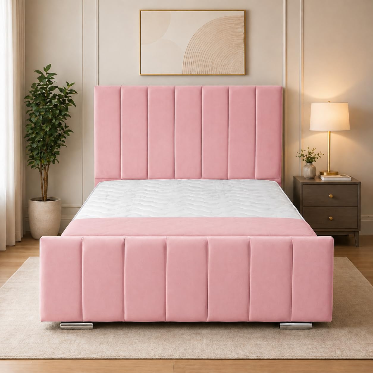 Kensington Upholstered Bed Frame – Luxury Plush Velvet Platform Bed Frame with 48 Inch Headboard – Modern Strong Durable Wooden Bed Frame for Bedroom- (Pink, Single)