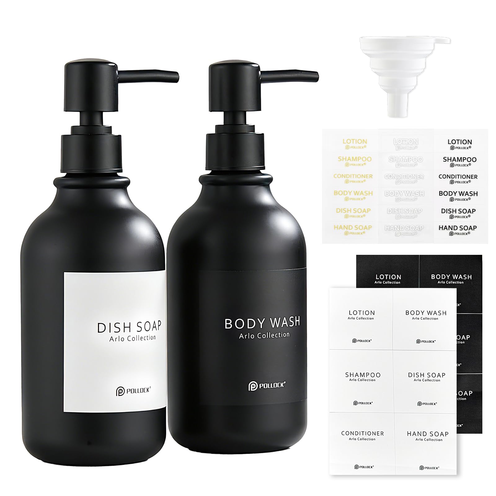 Pollock Hand and Dish Soap Dispenser for Kitchen & Bathroom 2 Pack, Shower Gel Dispenser with Funnel and Waterproof Labels, Washing Up Liquid Dispenser Bottle with Black Pump