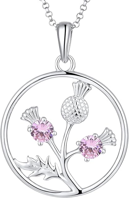 JO WISDOM Scottish Thistle Necklace,925 Sterling Silver Celtic Scotland Flower Outlander Pendant Necklace with 3A Cubic Zirconia,Jewelry for Women