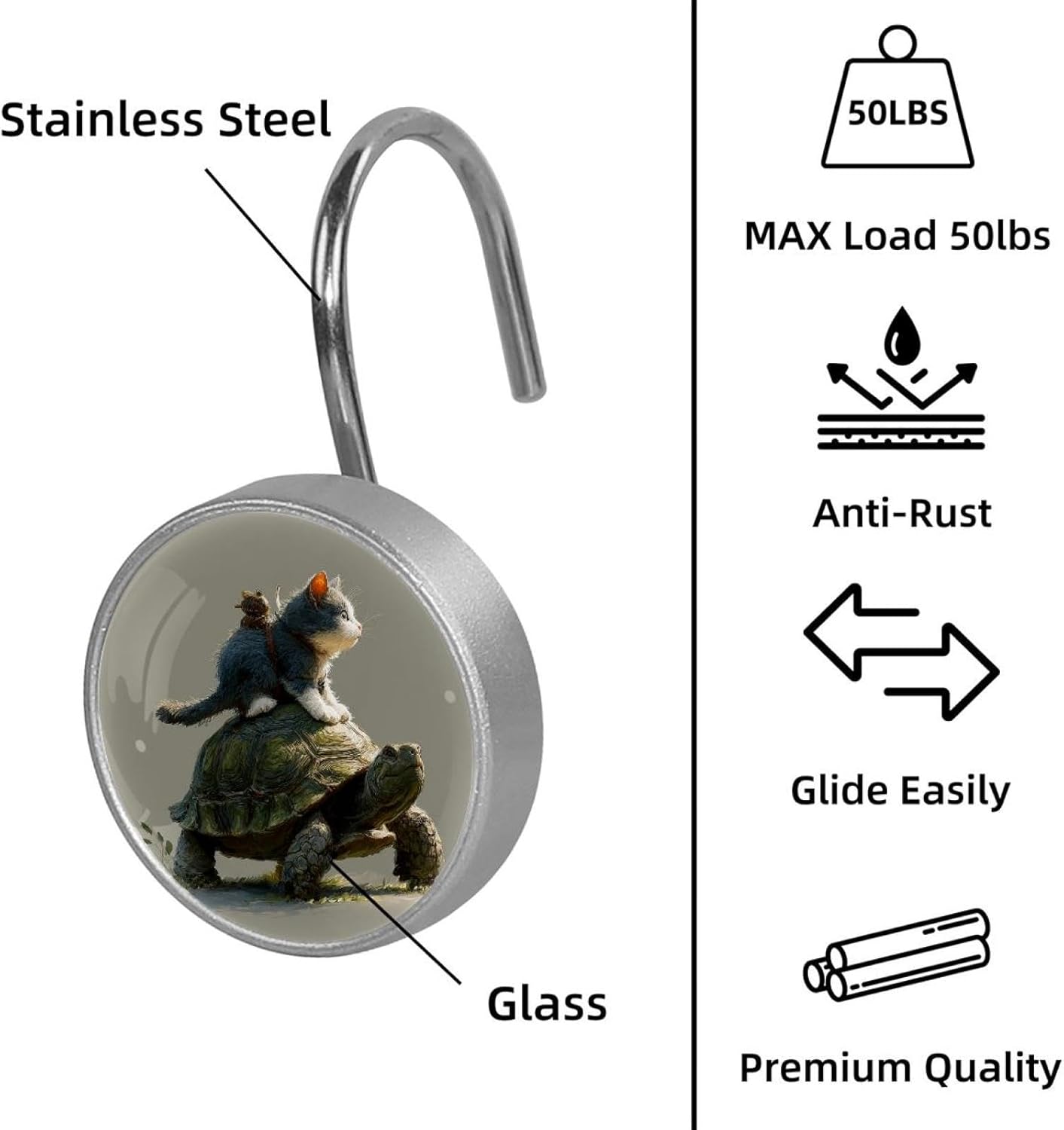 Cat Riding Turtle (1) Round Crystal Glass Decorative Shower Curtain Hooks with 3D Pattern Visual, Rust Proof Shower Curtain Rings-12 Pack